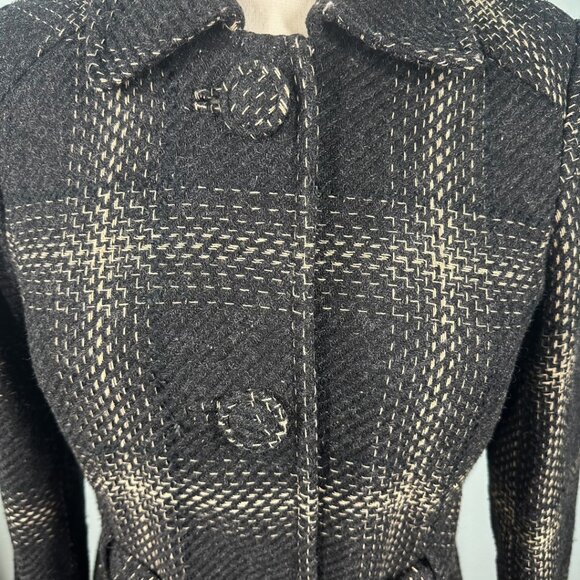 Dorothy Perkins Wool Blend Belted Coat UK 10 Euro 38 Black Cream Plaid Check - Picture 3 of 9